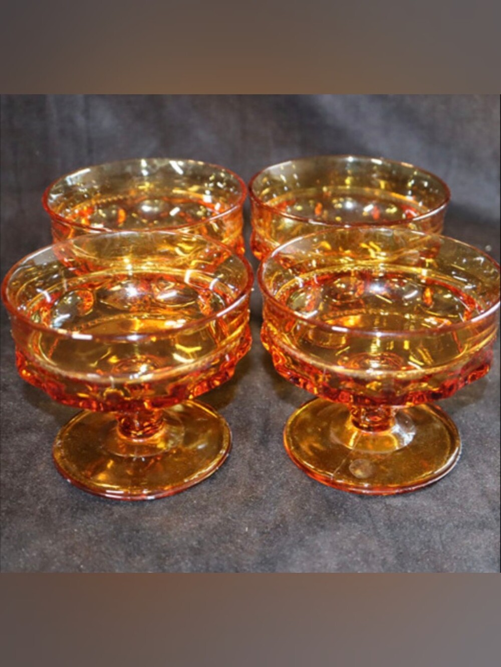 Vintage Amber Indiana Glass Kings Crown ~ 4 ~ Thumbprint Pedestal Dessert Dishes